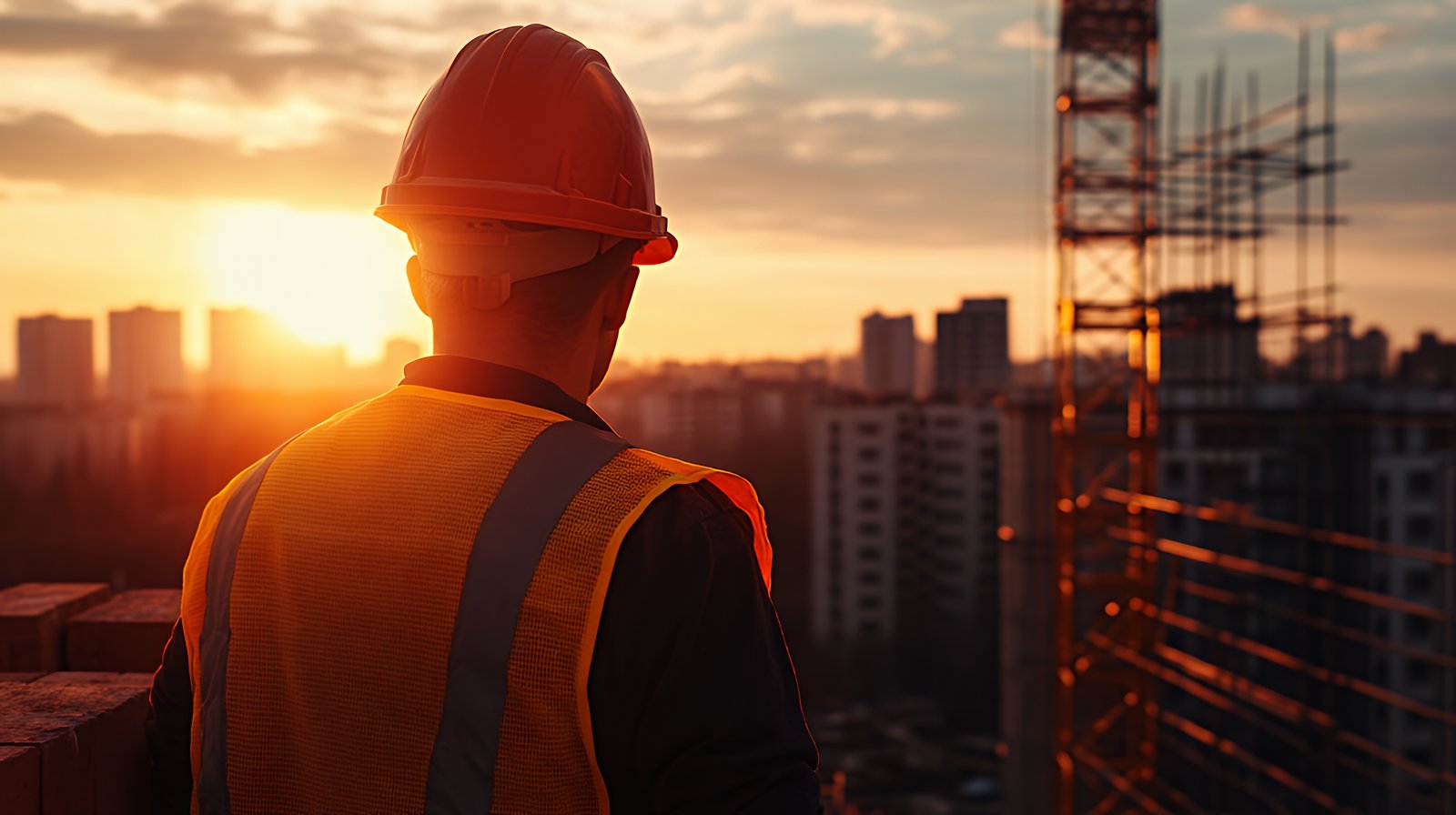 Engenheiro da Planasa Construtora observando canteiro de obras ao entardecer